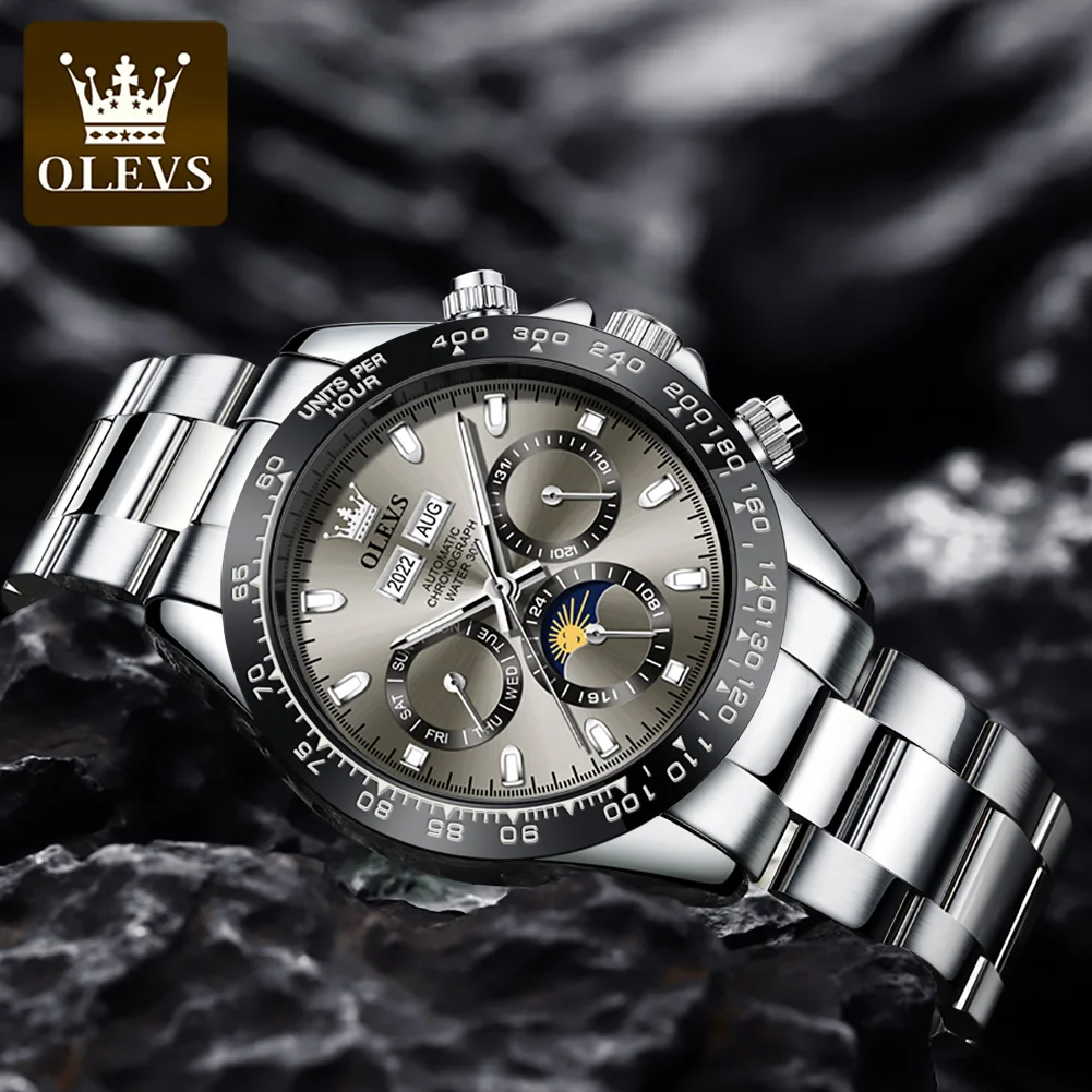 OLEVS Brand Fashion Grey Mechanical Watch for Men Luxury Stainless Steel Waterproof Luminous Moon Phase 24 Hours Mens Watches