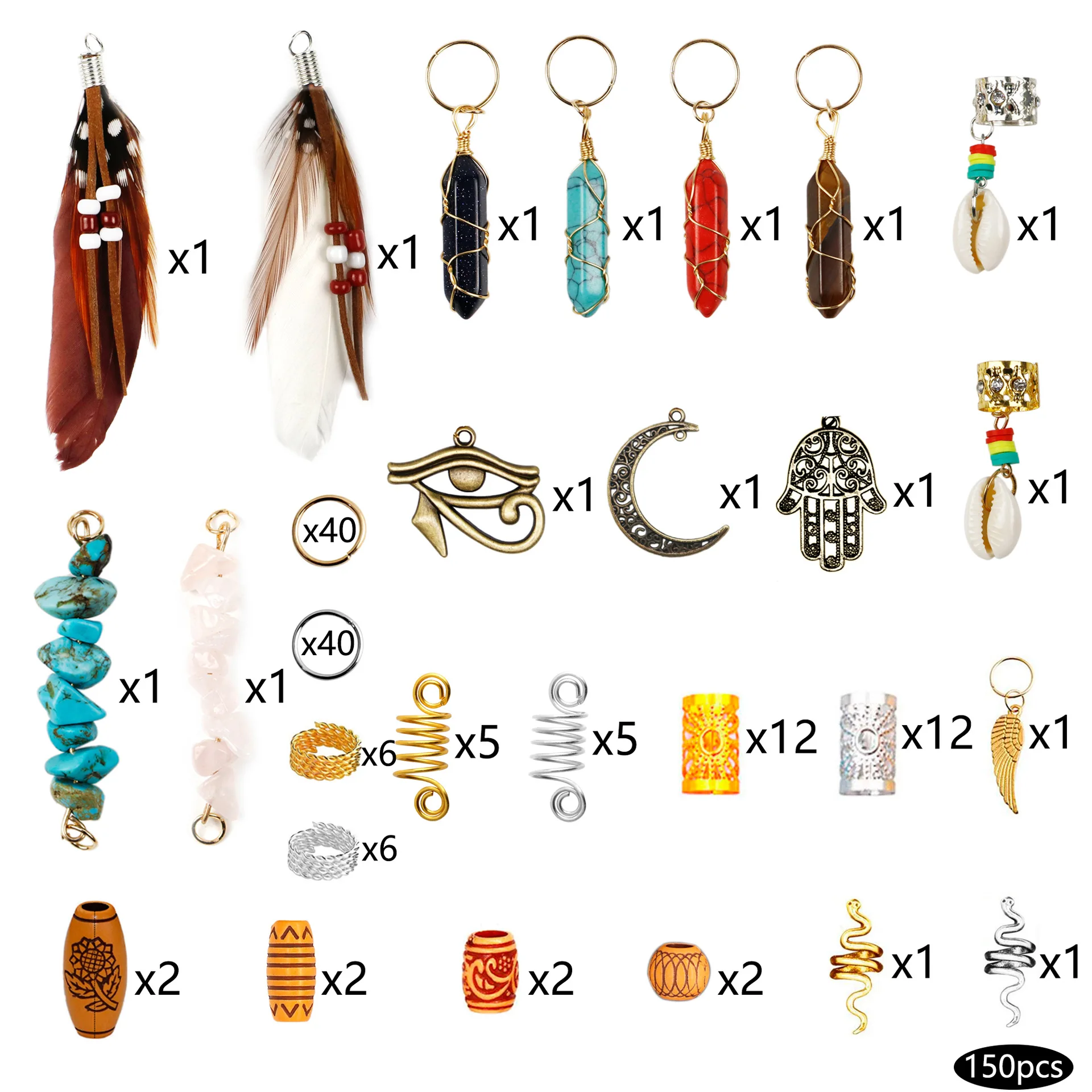 150pcs/box Mix Natural Crystal Gravel Spring Ring Hair Braid Dreadlocks Beads Clips Hair Decoration Accessories 5