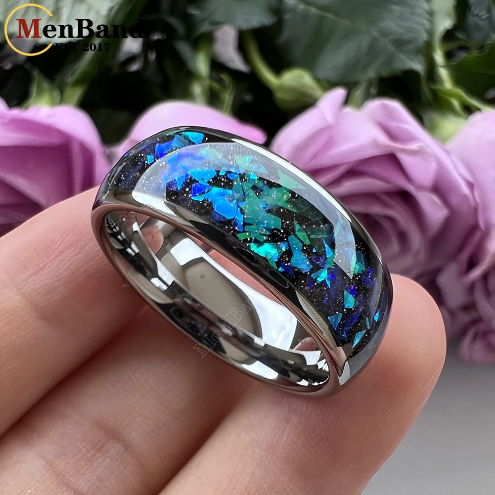 MenBand Fashion New Arrivals 8MM Tungsten Wedding Band Ring Middle Groove Inlaid With Blue Opal Domed Polished Comfort Fit
