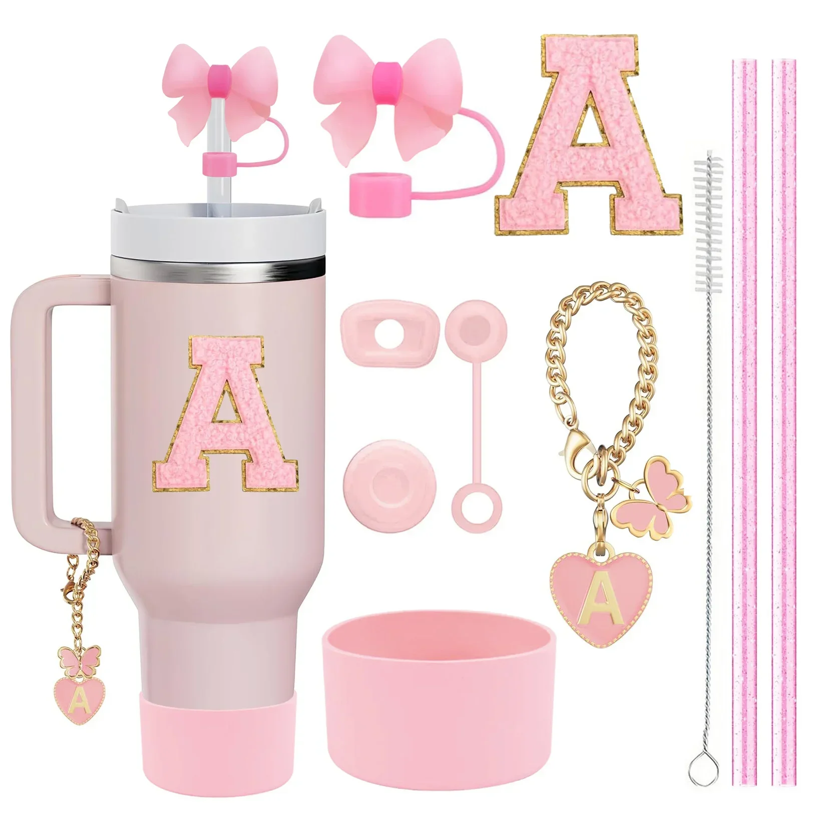 10-teiliges Zubehör-Set für Stanley Cup, 2 Stroh und Bürste und 1 Blumen-Charm-Kette, 3 auslaufsichere Stopper, Blumen-Strohhalm-Abdeckung, Stiefel – Detail 1