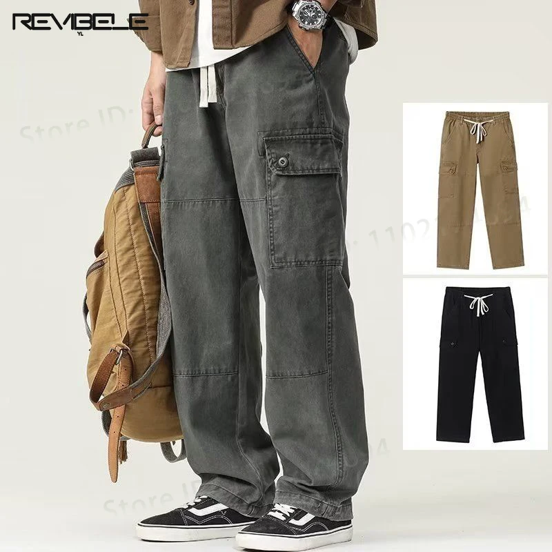 New Men Corduroy Cargo Pants High-quality Trendy Multi Pocket Trousers Unisex Japanese Harajuku Drawstring Overalls Streetwear