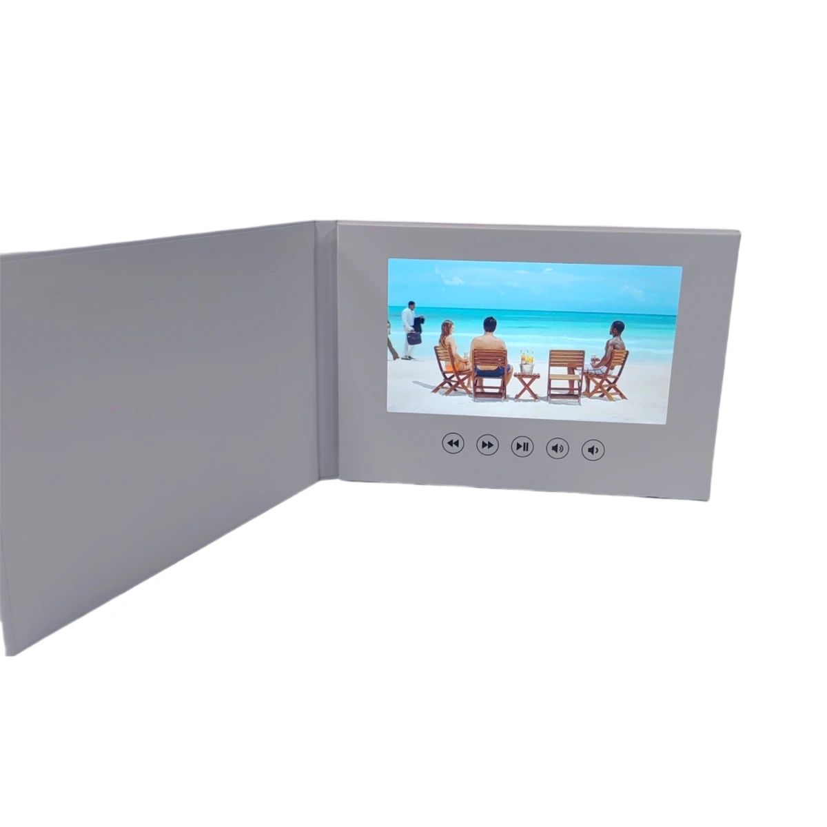 All white 7 inches hard cover video brochure with IPS screen 4G memory 2000mah battery magnet activation 5 buttons