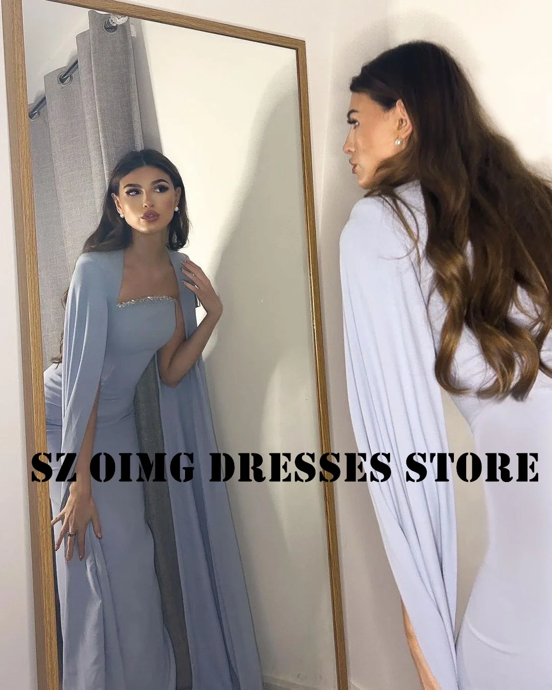 

OIMG New Design Prom Dresses Arabic Sky Blue Women Square Collar Sheath Satin Ruched Crystals Evening Gowns Formal Party Dress