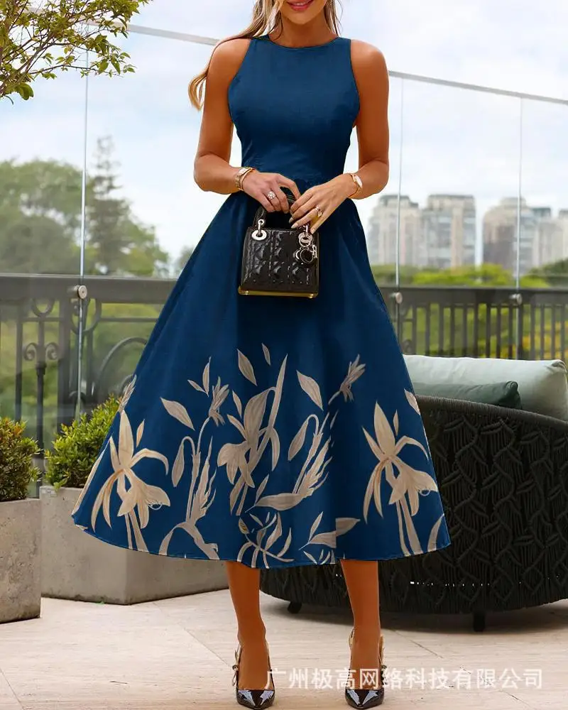 

2023 Summer Fashion Women's New Mid-length Skirt, Temperament and Elegant Sleeveless Print High Waist Hem Dresses for Women