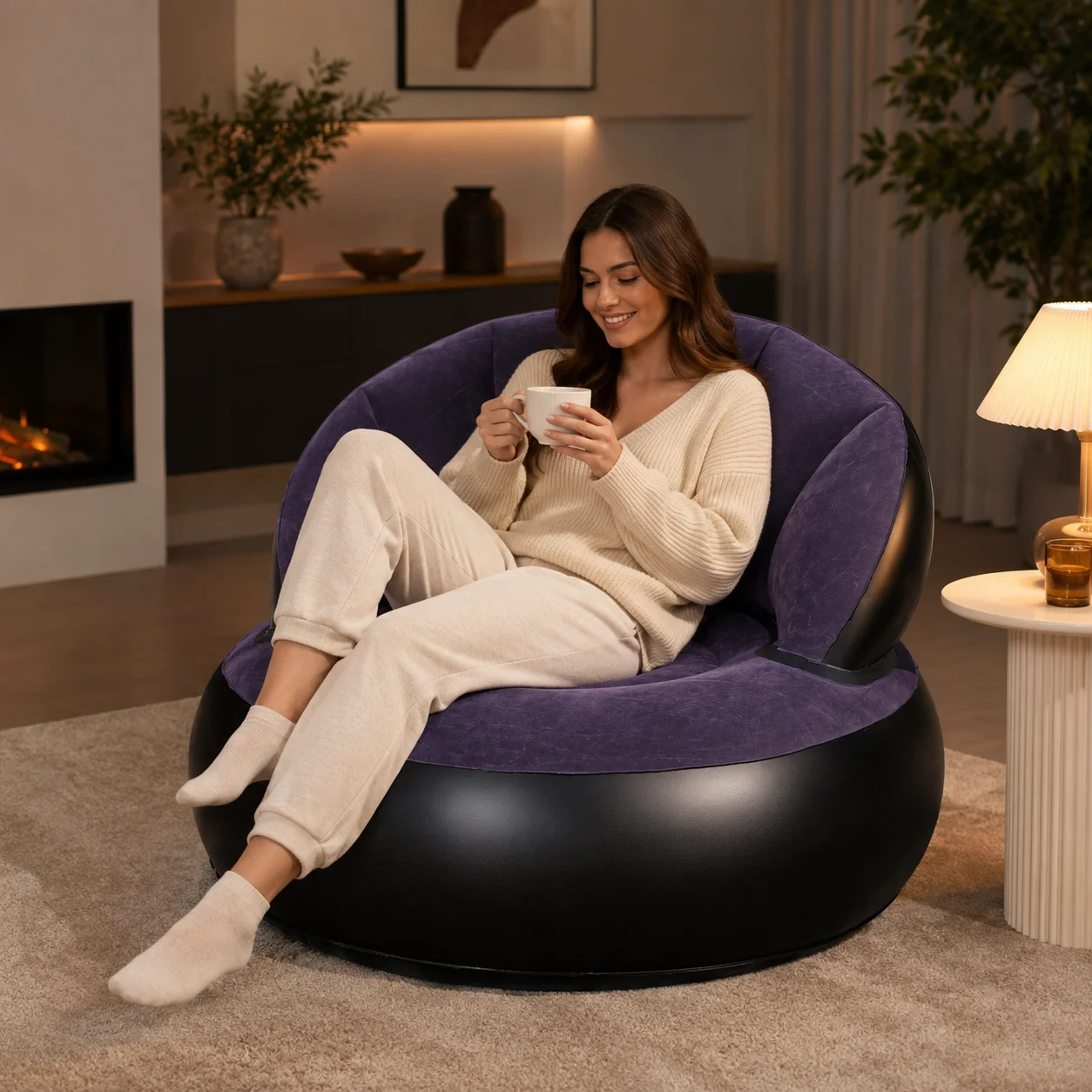 1 chaise longue gonflable avec pompe à air, siège de canapé simple floqué avec dossier de soutien pour chambre à coucher, salon et terrasse