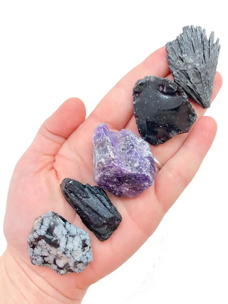 

Negative Energy Protection Set Amethyst Black Tourmaline Snowflake Obsidian Black Kyanite and Black Obsidian Crystal Shield Set