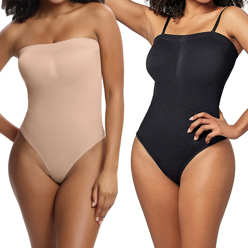 Women Seamless Thong Body Shaper Sexy Strapless Bodysuit One Piece Off Shoulder Leotard Removable Straps Tummy Control Shapewear
