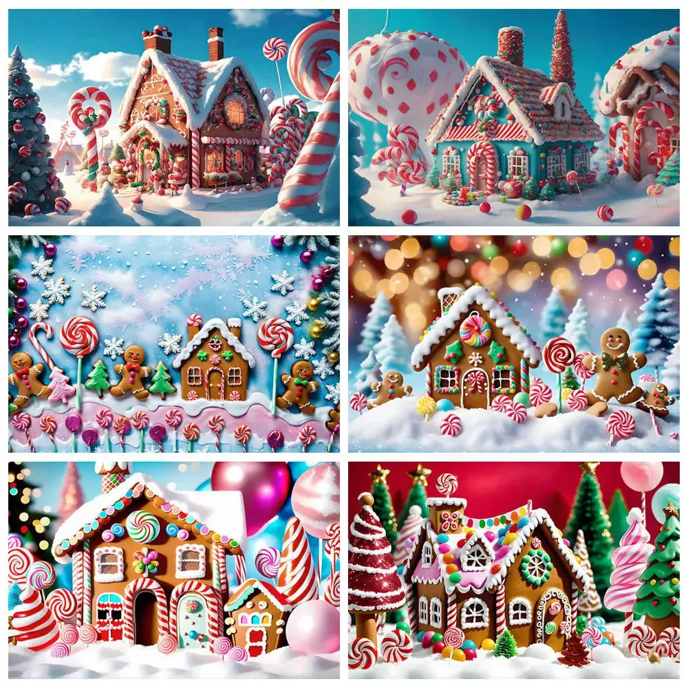Gingerbread House Backdrop Cabine Infantil Home Fotografia Props Neve Fundo Red Glitter Tree Candy Decoration Moon.qg-natal