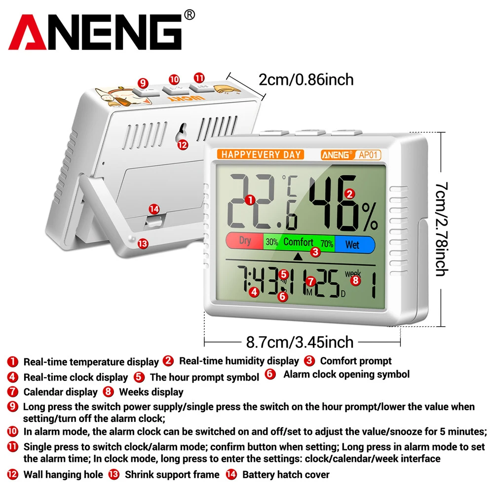 Digital Temperature Humidity Meter LCD Screen Thermometer Hygrometer Clock Precision Air Thermometer Hygrometer Rechargeable temperature humidity meter air thermohygrometer