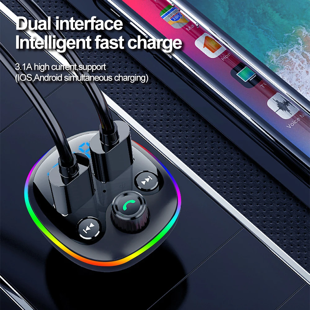 차량용 핸즈프리 FM 송신기 블루투스 자동차 키트, MP3 변조기 플레이어, TF 카드, USB AUX 리시버, 3.1A 듀얼 USB TYPE-C 고속 충전기