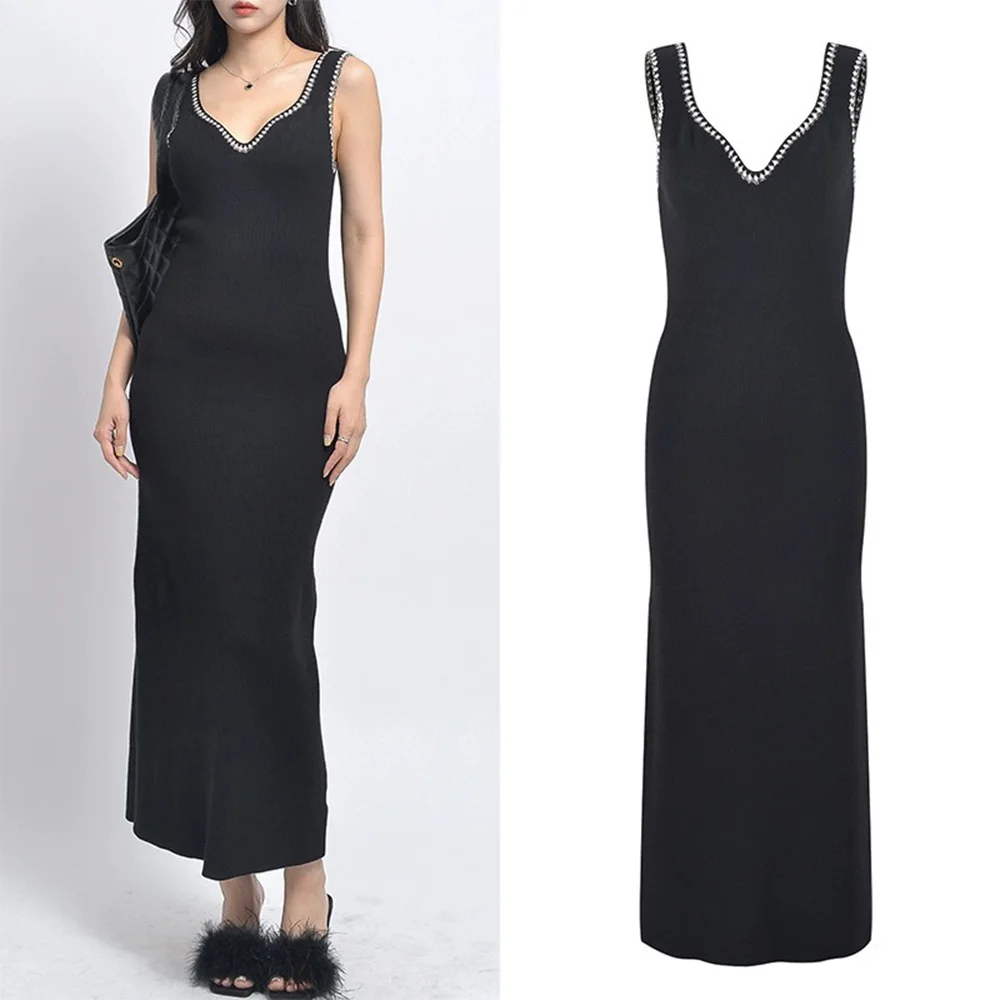 

23 Years Early Autumn Knitted Dress v Neck Women's French Temperament Black Long Halter Dress Party Dresses