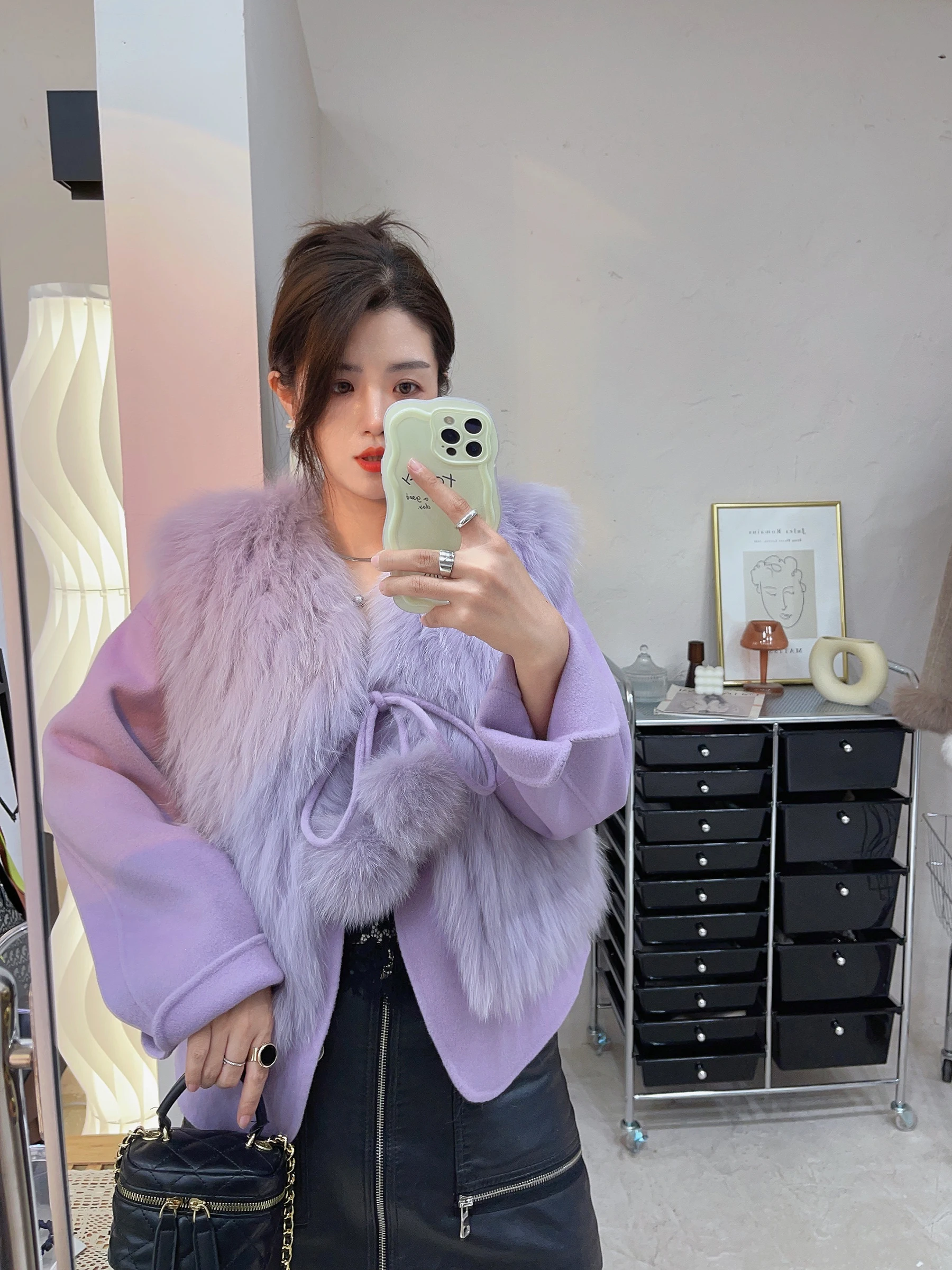 

2024 Newest women genuine fox fur gilet and cashmere blend jacket winter warm two pieces set female woolen coat