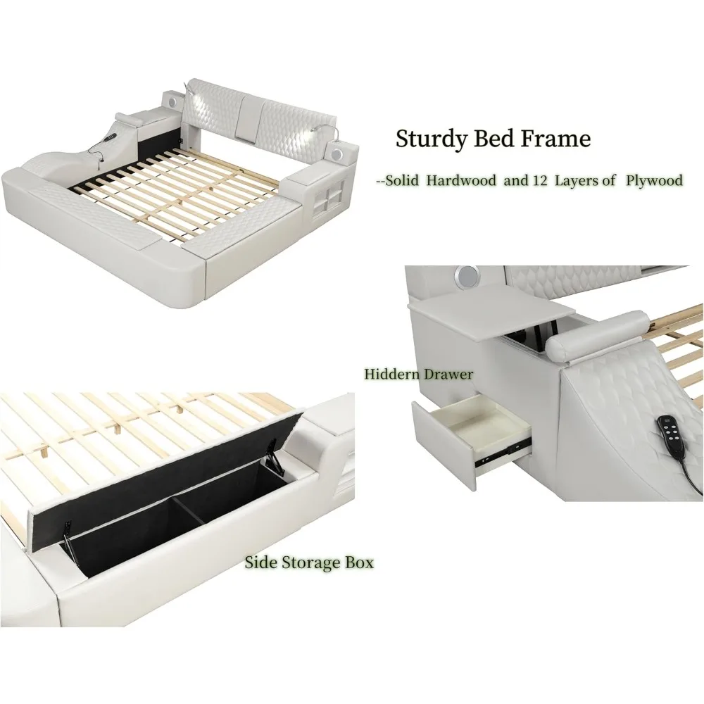 King Size Smart Bed,Multifunctional Leather Bed Frame Massage Recliner/Adjustable Headboard/Music Speaker/USB Port/Storage Space 6
