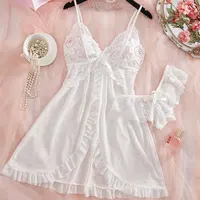 Un ensemble rose mignon femmes doux chemise de nuit et culotte Pijamas costume sans manches licou chemise de nuit ensembles courts col en v soutien-gorge string Kit de luxe 4