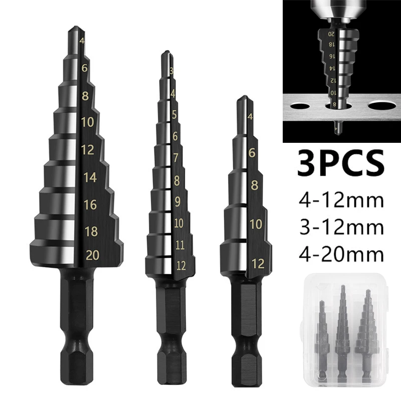 3Pcs 3-12mm 4-12mm 4-20mm HSS Straight Groove Step Drill Bit Set Titanium Coated Wood Metal Hole Cutter Core Cone Drilling Tools 3pcs set 3 12mm 4 12mm 4 20mm straight groove step drill bit titanium coated wood metal hole cutter core cone drilling tools set