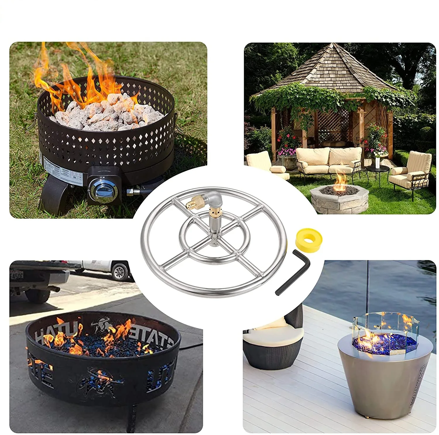 Grill Burner Tubes 12 Inch Gas Propane Fire Pit Ring Burner with 159K BTU Valve 2-Rings for Gas/Propane/NG Fire Pit 304 Stainless Steel Replacement
