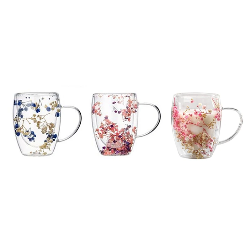 Creatives Real Flower Double Glass High Appearance Level Full Star Dried Flower Milk Coffee Glass 350Ml Household Cup glass cup,heat resistant coffee glass cup,heat resistant glass cup,glass water cup