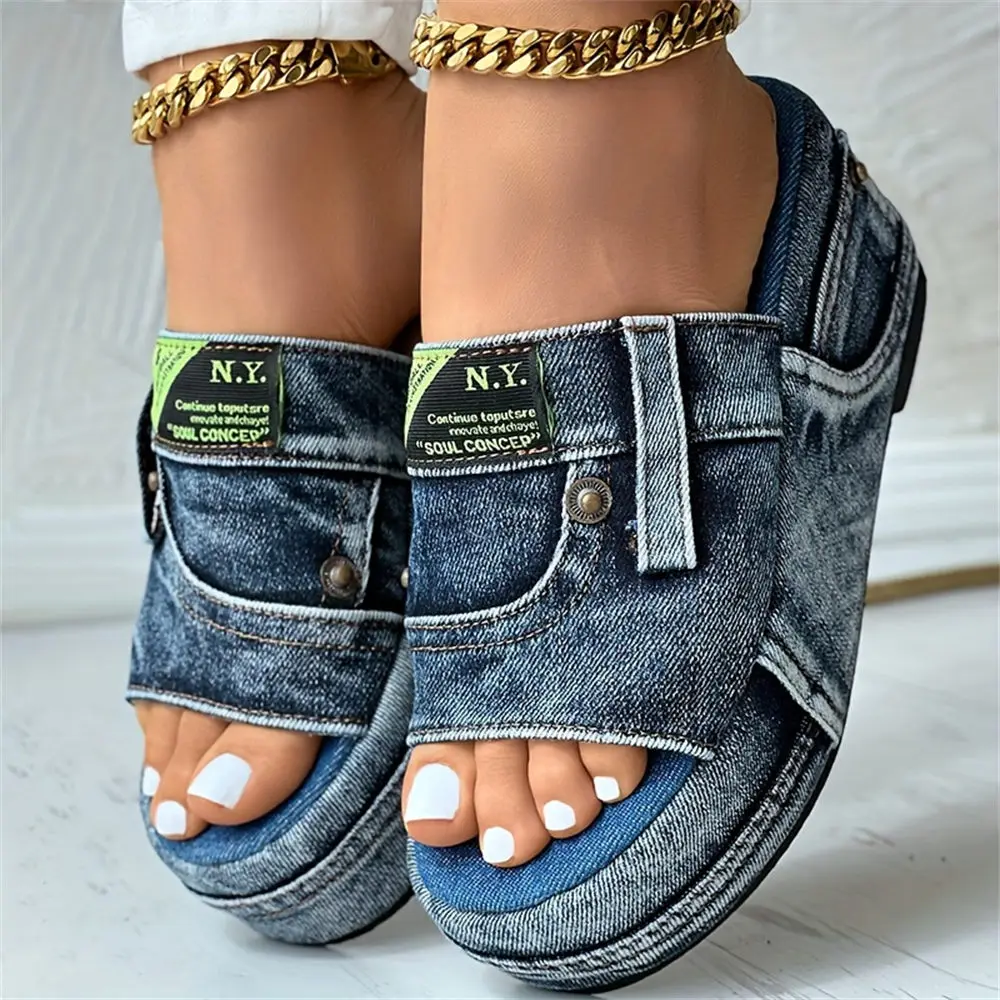 Women's Denim Platform Sandals Casual Wedges Heeled Summer Slides_voghion.com