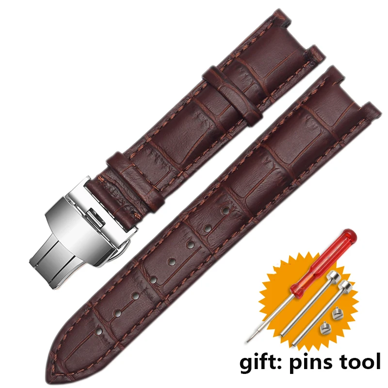 Genuine Leather Watchband with Stainless Steel Butterfly Buckle, Notched Strap Design