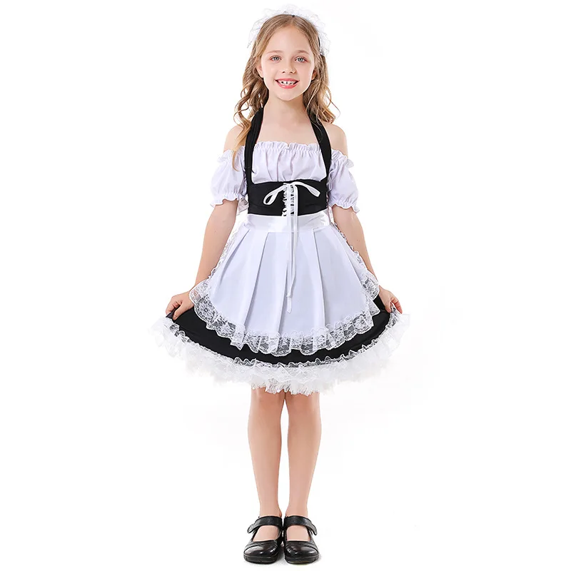 

Child Lovely Maid Cosplay Costume for Girls Lolita Black White Halter Dress Fantasia Halloween Costumes