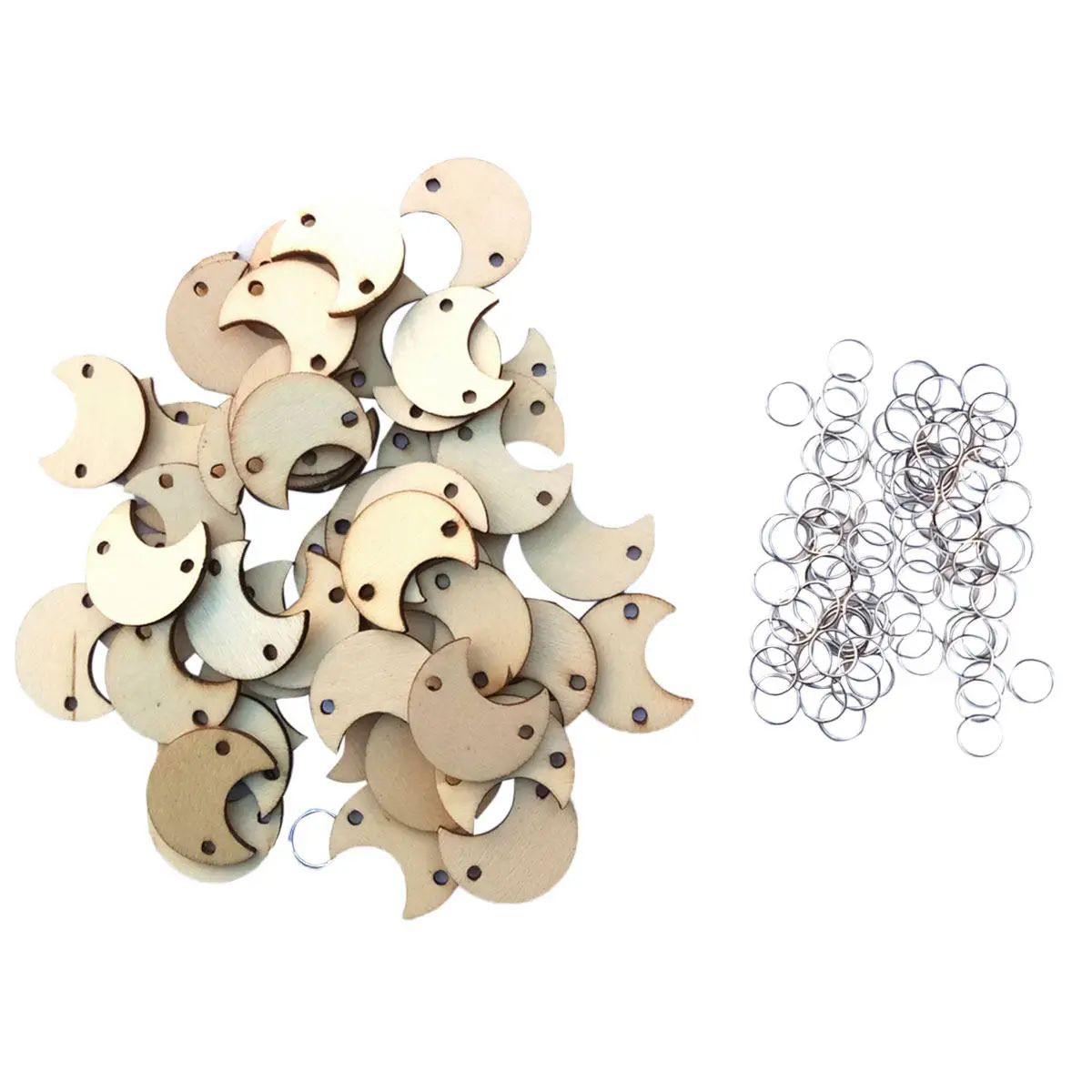 100Pcs 나무 달 모양 조각과 금속 와이어 링 키트 DIY 사진 소품 생일 축제 크리스마스 웨딩 장식 공예