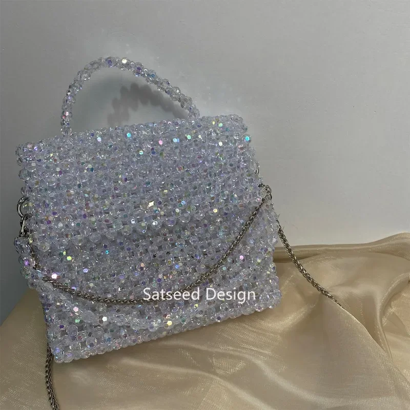

Bling Bling Beaded Bag Long Chain Hand-Woven Celebrity Handbags Ladies Party Top-handle Phone Purses and Handbags Customizable