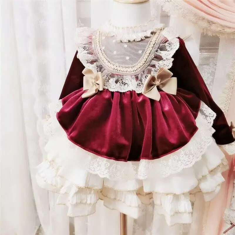 Winter Thicker Lolita Dress Girls Kids Infants New Year Dress Long Sleeve Red Cute Lolita Doll Teen For Girls 14T