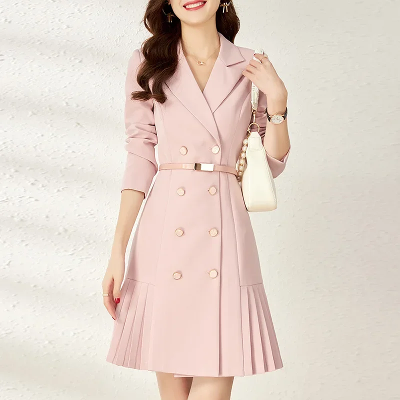 

French Style Basic Designing Elegant Women Pleated Fitnees Workwear Business Pink Blazer Dress with Belt High Quality