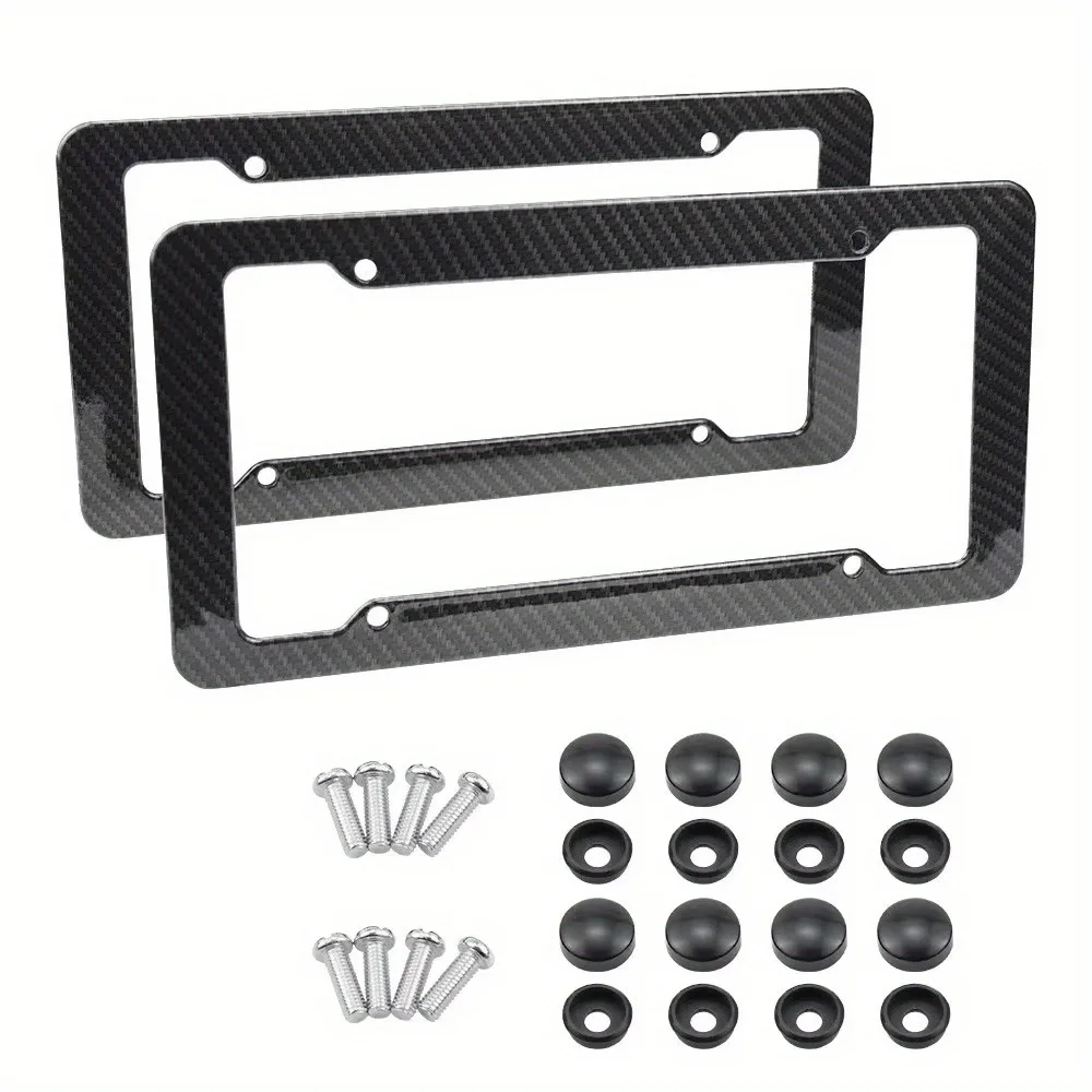Carbon Fiber License Plate Frame-Black Plastic Front & Rear Car Tag Holder Cover With Mount Hardware Screws 2/1 Set