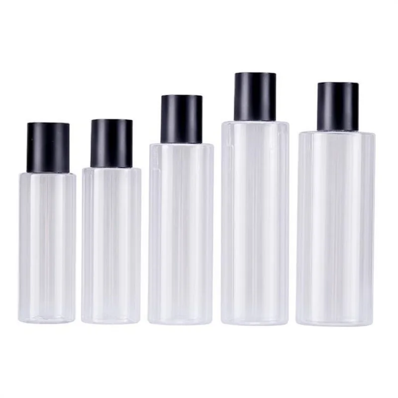 

20Pcs Clear Plastic Lotion Refill Bottle Matte Black Lids 100ml 120ml 150ml 200ml Flat Shoulder PET Empty Cosmetic Toner Bottles