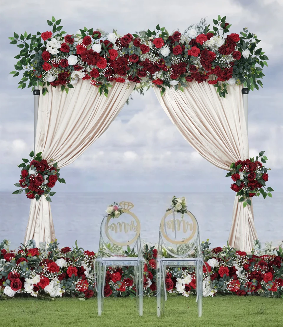 Description Picture 2 of itemBurgundry Rose White Baby Breath Greenery Wedding Arch Red Floral Arrangement Event Table Runner Curtain Decor Flower Party Prop