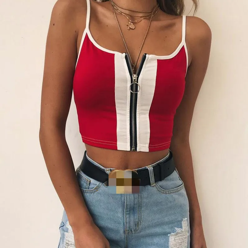 Cotton Spaghetti Straps Patchwork Zipper Crop Tops Women Fashion Casual Camis 2019 Summer ladies bra