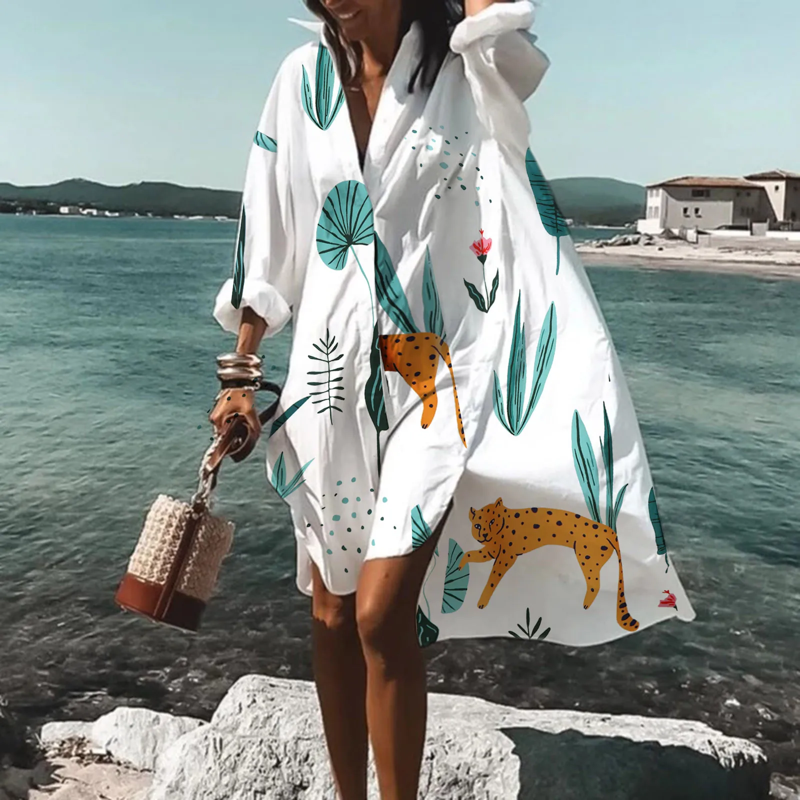 

Plus Size Beach Shirt Dress Women Print V-Neck Long Sleeve Loose Dress Bohemian Beach Party Dresses Fashion Elegant Midi Dress