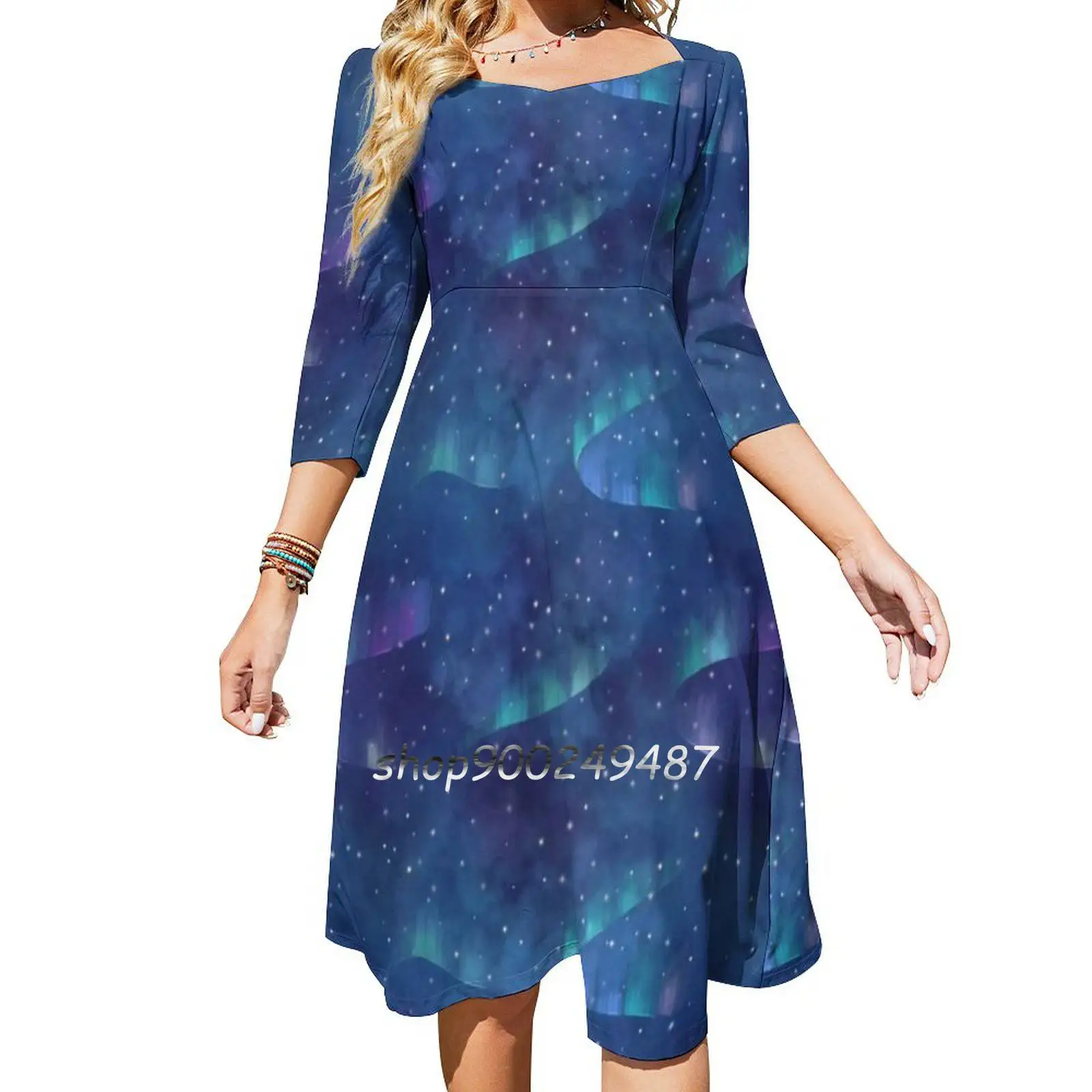 Aurora Borealis Abito Con Collo Quadrato Nuovo Plus Size Elegante Abito Da Donna Attillato In Vita Aurora Borealis Islanda Sky