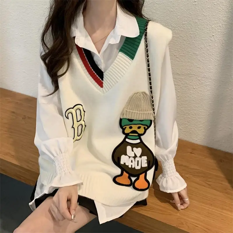 Autumn and Winter Women's Pullover V-neck Patchwork Letter Animal Loose Fashion Casual Elegant Commuter Sleeveless Vest Tops