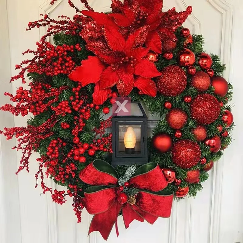 

40/45cm Christmas Red Berry Circle Wreath with Light Window Wall Background Door Hanging Ornaments New Year Decoration