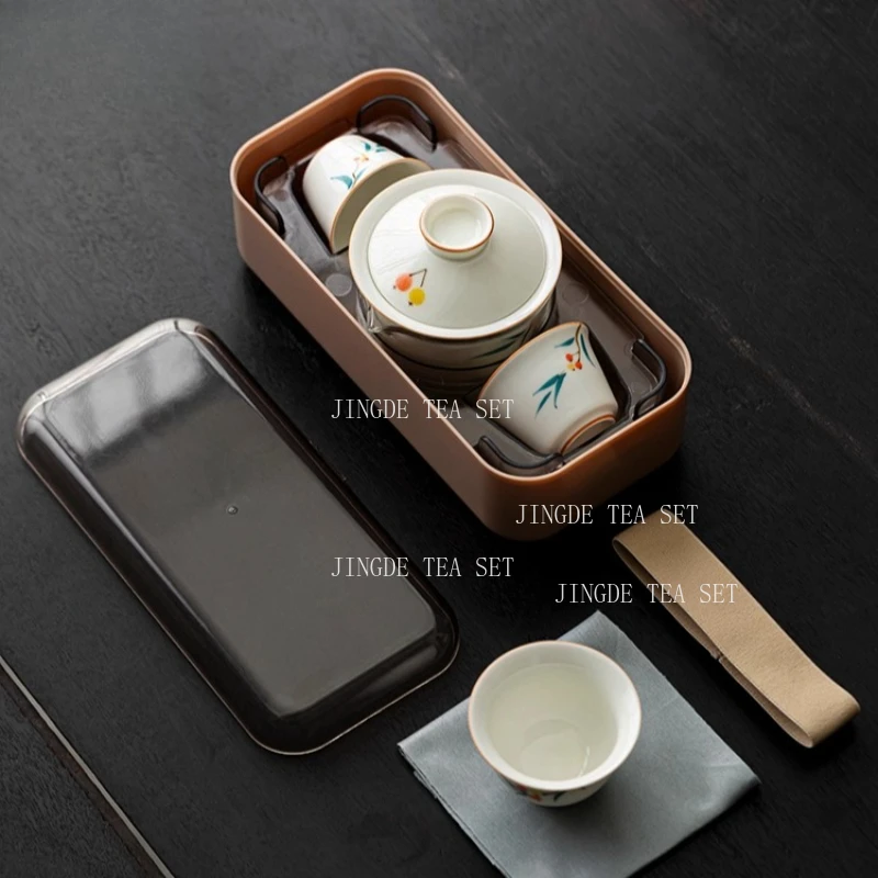 Portable Ceramic Tea Pot and Cup Set Boutique Tea Set Chinese Handmade Travel Teaware Gaiwan Custom Drinkware A Pot and A Cup
