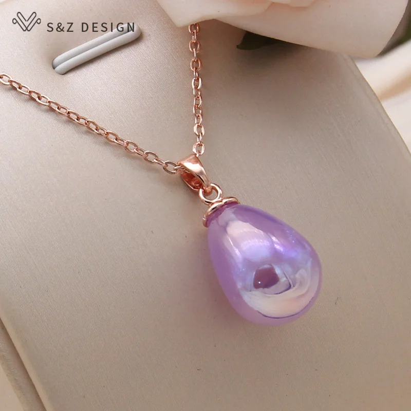 S&Z DESIGN New Fashion Colorful Water Drop Beads Pendant Necklace For Women Wedding 585 Rose Gold Color Collarbone Chain Jewelry
