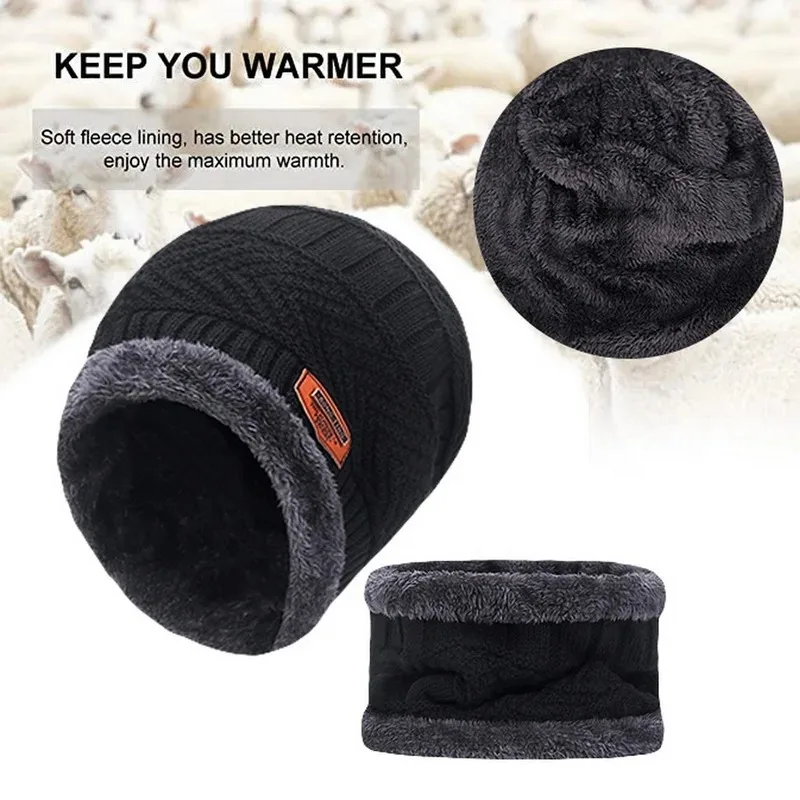 Winter Hats Knit Cap for Men Women with Fleece Scarf Outdoor Riding Hat Warm Thickened Neck Protection Cap Beanie