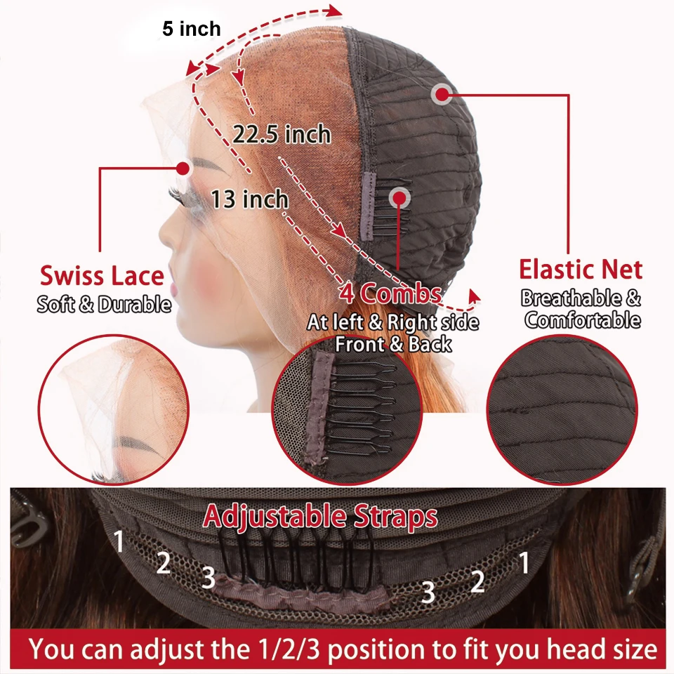 매끈한 진저 오렌지 브라질 바디 웨이브 레이스 정면 인모 가발, HD 투명 가발, 네이처 레미 레이스 정면 인모, 13x5