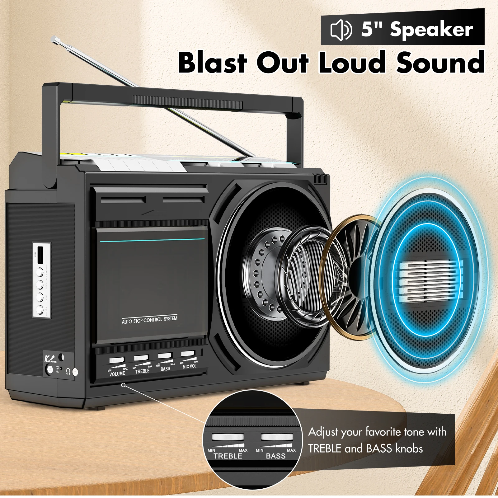 Retro cassette boombox bluetooth and USB FM AM SW radios converts tapes to MP3 with earphone and microphone jacks AC DC power