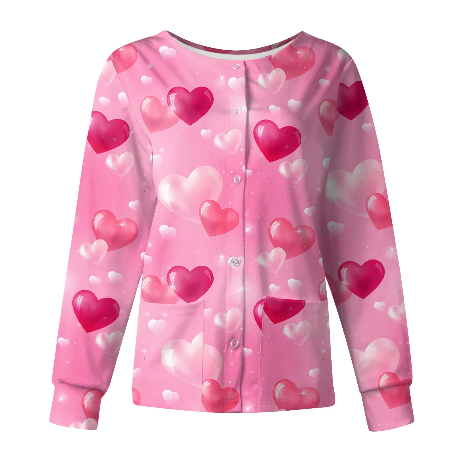 

Women Stand-up Collar Pocket Valentine Day Pattern Tops Long Sleeve Nurse Working Uniform Single-breasted Protective Jackets