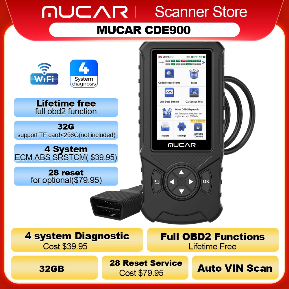 MUCAR CDE900 OBD2 herramienta de diagnóstico Auto Obd 2 escáner freno Airbag transmisión mo 32GBtor sistema diagnóstico cde900 lector de código