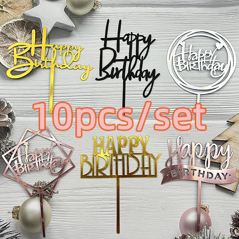 Acrylic Happy Birthday Cake Topper Black Gold Silver Designs Cake Decorations 10Pcs For Kids Men Women & Baby Showers