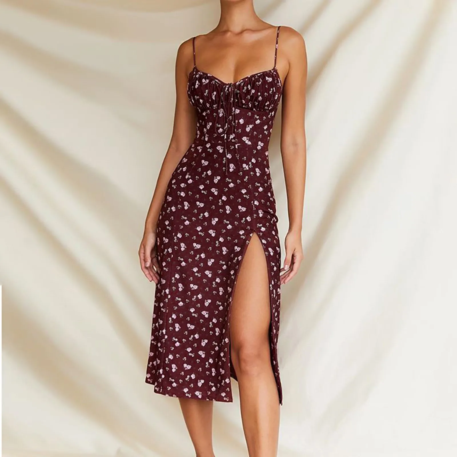 

Women's Floral Print Sling Dress Temperament V-Neck Summer Woman Spaghetti Strap Midi Dresses Sexy Split Beach Holiday Vestidos