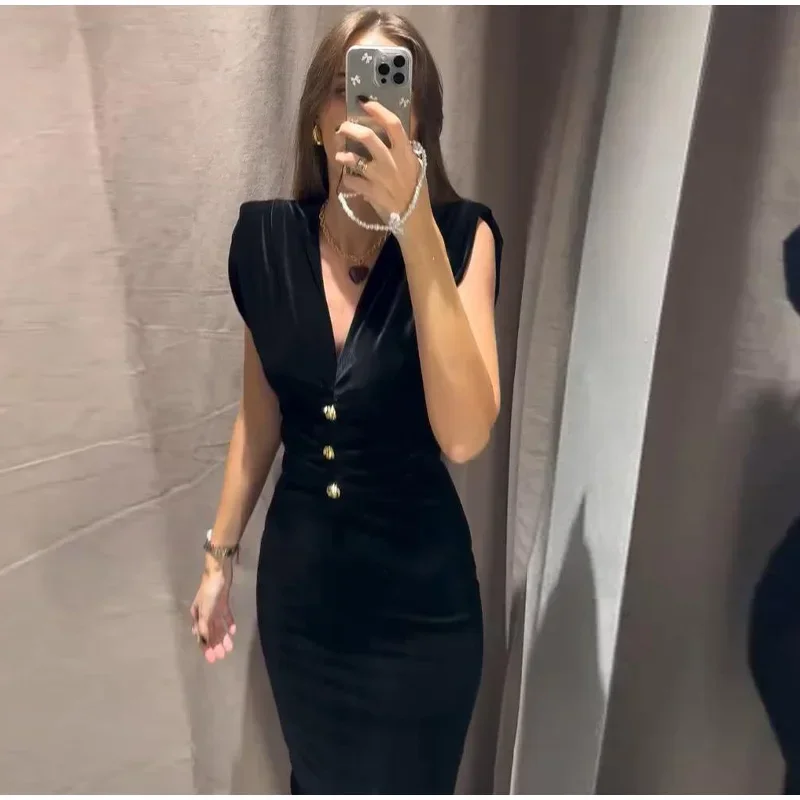 Vestido largo vintage de terciopelo con escote en V para mujer, elegante, sin mangas, plisado, con botones de metal, cintura alta, para fiesta, 2025, vestido de noche para mujer