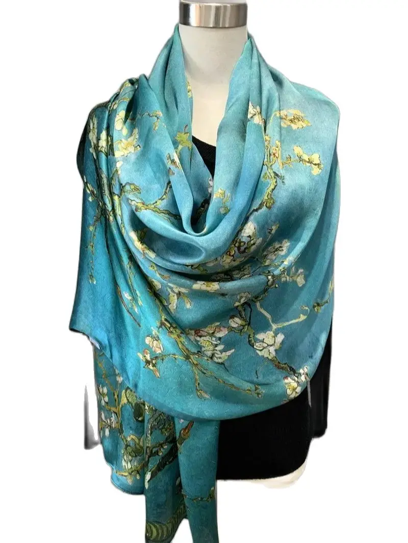 100% Natural Silk Scarf for Women Van Gogh Oil Painting Bandana Gifts for Ladies Spring Apricot Tree Digital Print Shawl Foulard 6