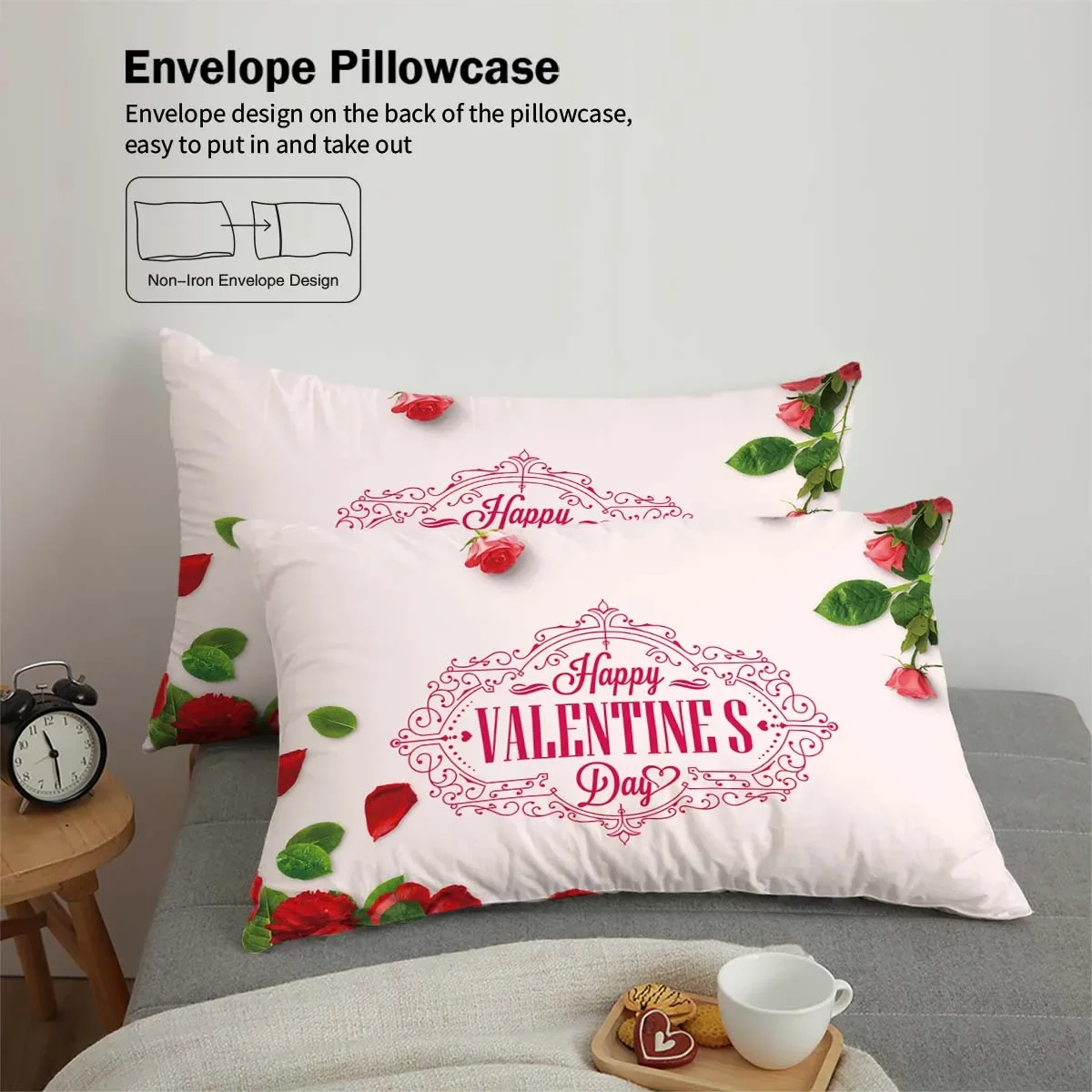 3-piece down duvet cover set with rose heart pattern print (1 duvet cover+2 pillowcases, no core) Valentine's Day bedding set