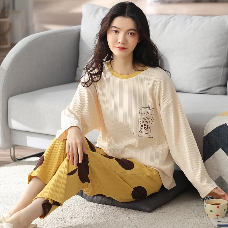 2022 New Spring And Autumn Winter Pajamas Women's Long Sleeved Pure Cotton  Cartoon Cute Loose Large Home Clothes Set