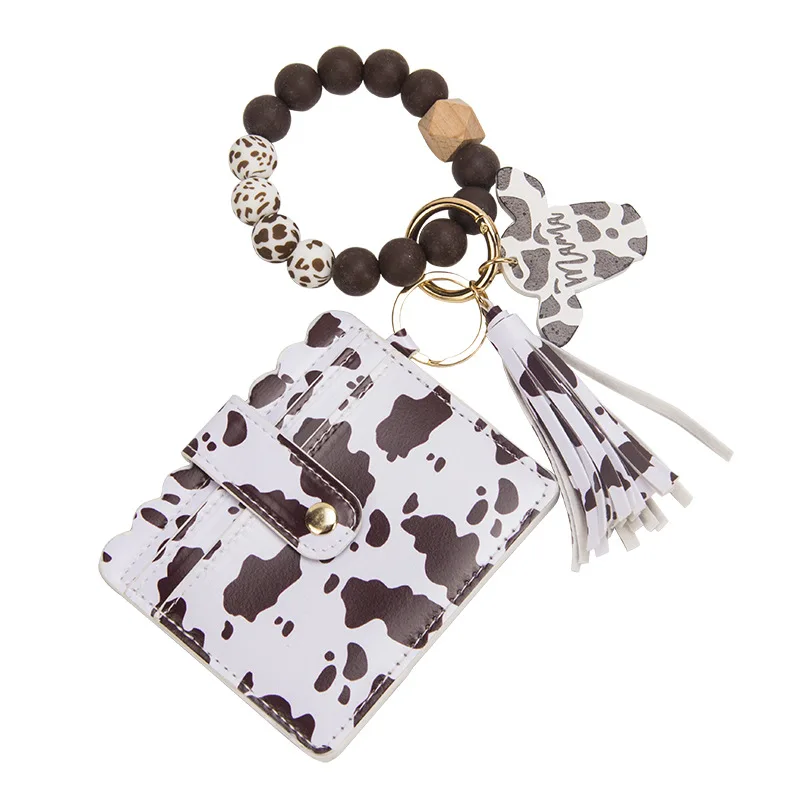 

Cow Print beaded Wristlet Silicone Bead Bangle keychain accessories Boho gift Cow Lover Gifts Women Wallet 2023 New Design